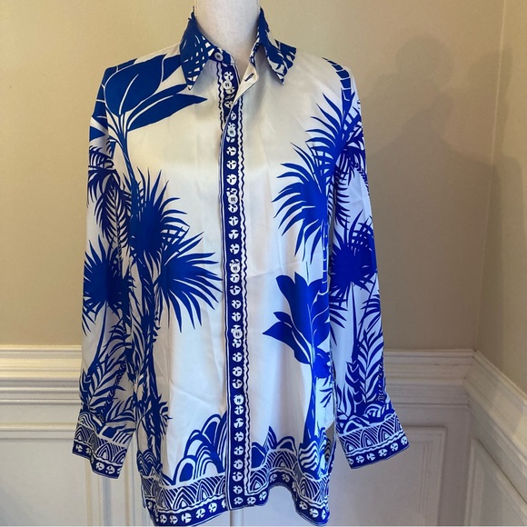 ZARA SET Blue White Tropical Palm Print Satin Button Down Shirt & Bermuda Shorts - Picture 2 of 15